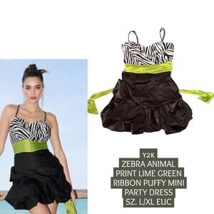 Y2K VINTAGE ZEBRA ANIMAL PRINT BABY DOLL MINI PARTY DRESS L/XL